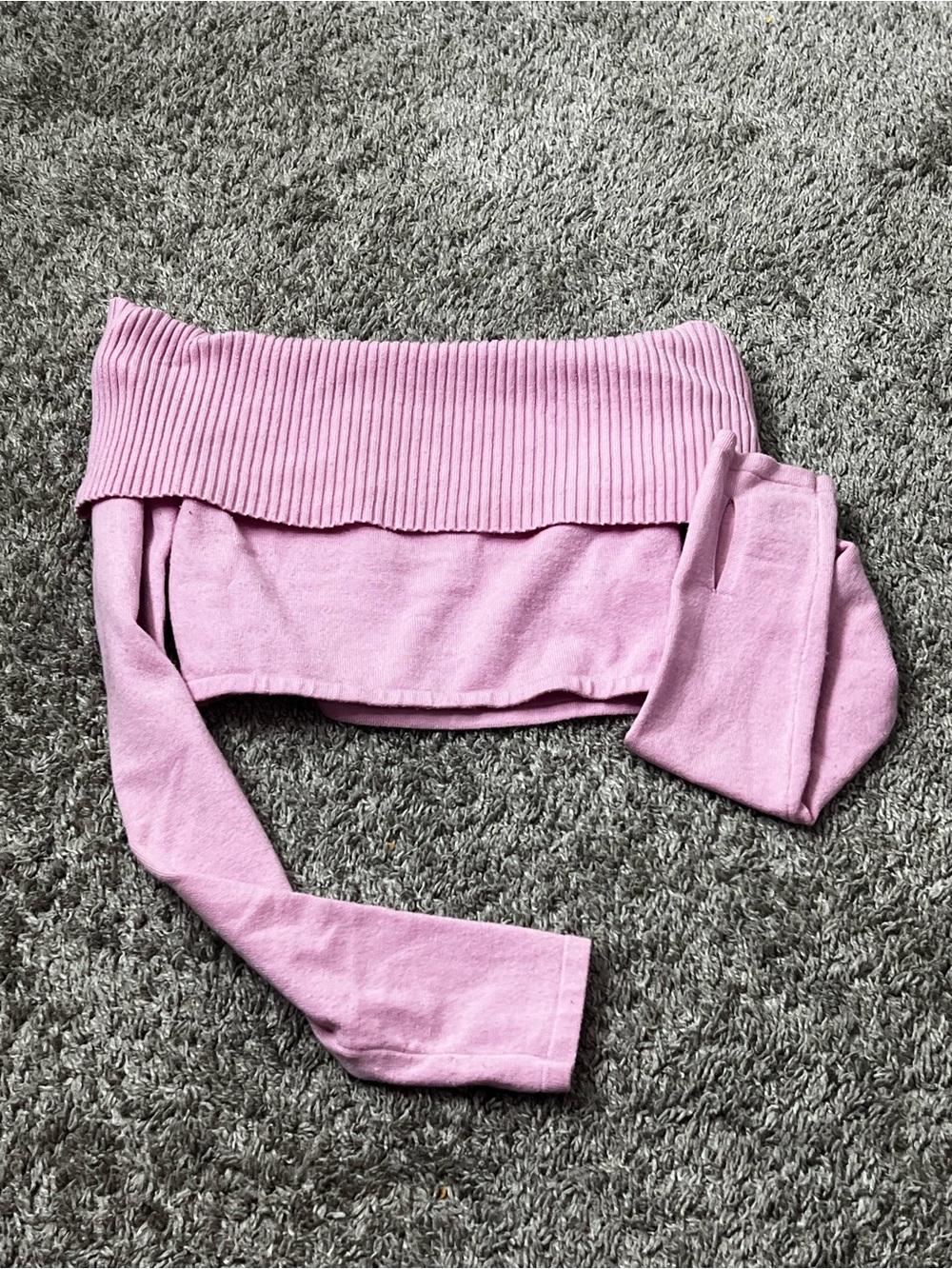 Off-Shoulder Ribbed Fold-Over Crop Sweater in Light Pink